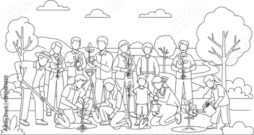 Black and White Line Illustration of Group Tree Planting and Nature Care