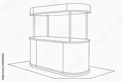 Outline drawing of a portable curved exhibition stand with a canopy structure perfect for trade shows