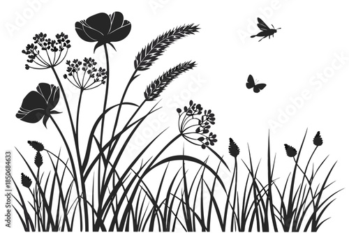 Black silhouette of tall meadow grasses wildflowers and flying insects against a bright white background