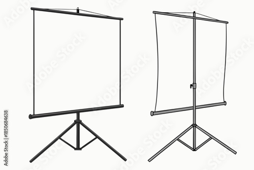 Set of two portable projection screens on tripods isolated on a white background for presentations