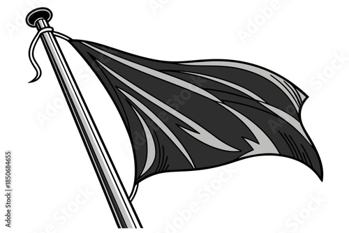 Black and white waving flag illustration attached to a metal flagpole against a white background