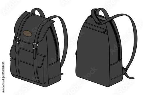 Stylish black vintage style rucksack design shown from front and side perspective against dark background