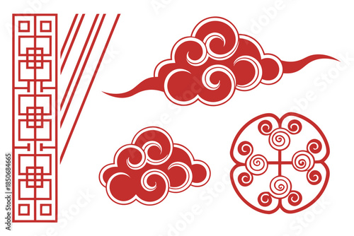 Collection of traditional red Chinese auspicious cloud patterns and decorative lattice elements
