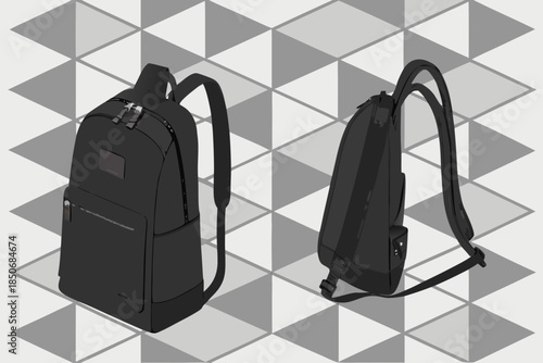 Isometric view of a sleek black modern backpack shown from front and side angles