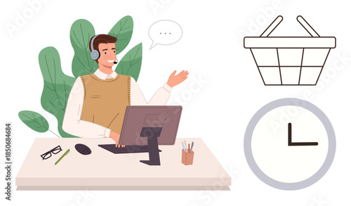 Customer support agent using a headset at desk, gesturing while speaking. Basket and clock symbols floating nearby. Ideal for customer service, e-commerce, communication, time management