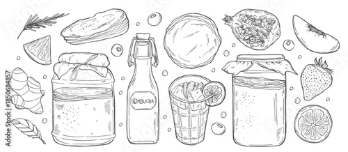 Kombucha tea and ingredients. Kombucha sketch. Hand drawing elements collection. Hand drawn vector illustration. Kombucha drink. Tea mushroom, tea fungus, or Manchurian mushroom.