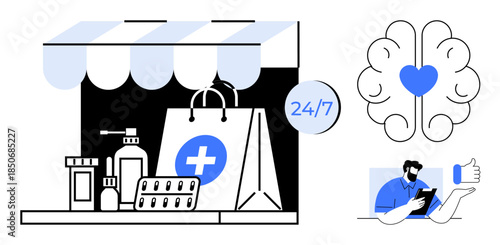 Online healthcare, pharmacy services, telemedicine, remote health, digital medical tools, mental wellness. Shopfront with medical products, brain with heart person using a device. Online healthcare