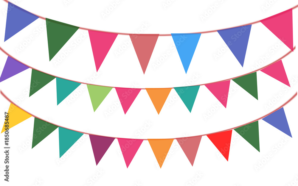 Obraz premium Bright triangular pennant banners creating party vibes on transparent background.