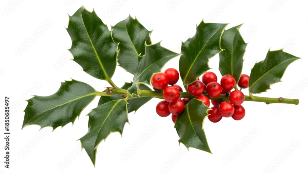 Fototapeta premium Christmas Holly Branch With Red Berries Isolated On Black