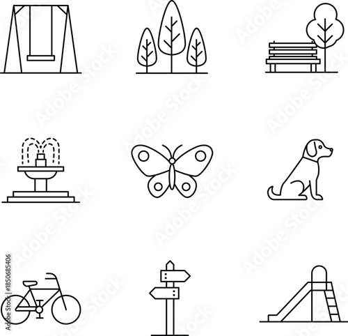 Park line icon set, swing, bench, tree, fountain, butterfly, dog, bicycle, direction sign, vector, customizable stroke, illustration