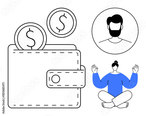 Financial freedom, mindfulness, budgeting, savings, stress relief, and personal finance. A wallet with coins, a meditating figure and a portrait. Mindfulness and financial freedom concepts