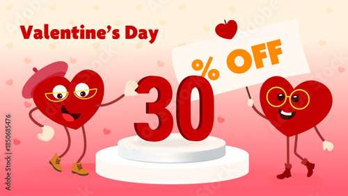 Vector illustration of a Valentine’s Day sale banner featuring red cartoon heart characters, 30 percent discount sign, white podium and romantic pink background