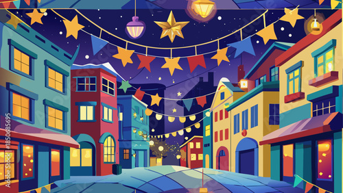 Vibrant nighttime town with star decorations