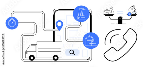 Logistics concept. Logistics involves efficient transport routes and delivery mapping. Logistics ensures supply chain optimization and communication. Useful for e-commerce, supply networks