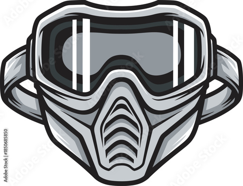 Tactical gray paintball mask vector illustration featuring protective goggles and a full-face shield. Perfect for extreme sports branding, team logos, and gaming gear graphics.