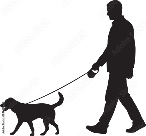 Silhouette of a man walking his dog on a leash in this vector illustration, symbolizing partnership and leisure. , Generative Ai