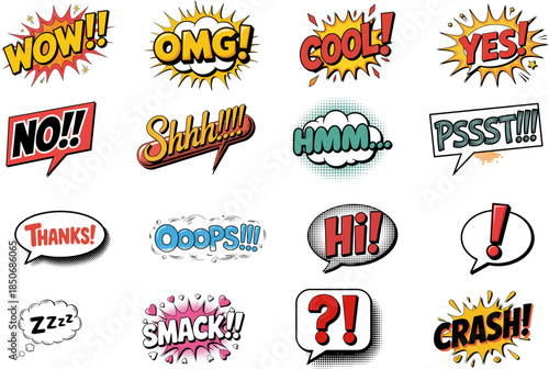 Huge set of comic speech bubbles and sound effects in pop art style for stickers and design