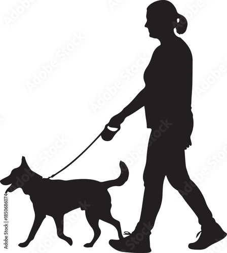 Silhouette of a woman walking her dog on a leash in this vector illustration, representing companionship and outdoor activity. , Generative Ai