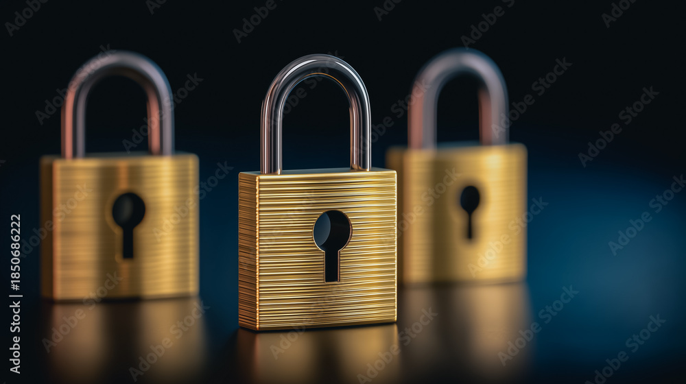 Fototapeta premium Three golden padlocks stand in a row, symbolizing security and protection, with a captivating visual metaphor for safety, privacy, and digital security.