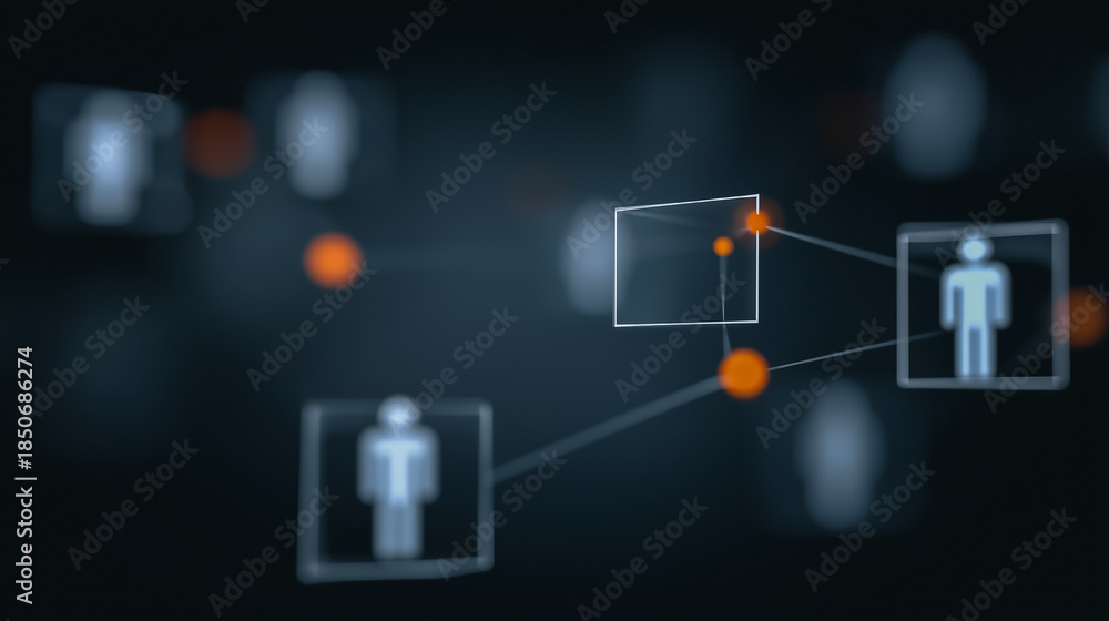 Fototapeta premium A digital rendering visualizes an interconnected network of individuals, symbolized by illuminated figures and connecting nodes. The abstract composition conveys themes of connection, data flow.