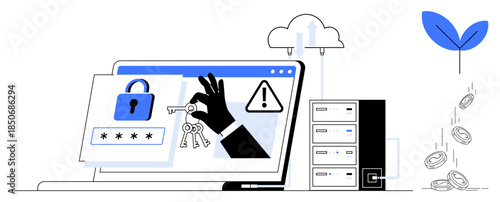Cybersecurity, data protection, fraud prevention, financial security, cloud storage, backup solutions. A hand holding keys near a lock icon and server with cloud and coins. Cybersecurity and data