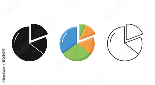 Set of three pie chart icons in solid black silhouette, colorful flat design, and simple outline styles