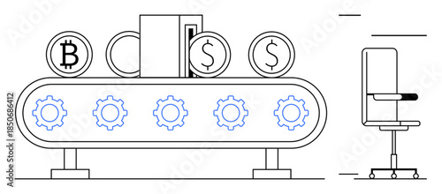 Blockchain, digital payments, automated systems, currency exchange, fintech, cryptocurrency. Bitcoin and dollar symbols on a conveyor belt with cogwheels and a chair nearby. Blockchain and digital