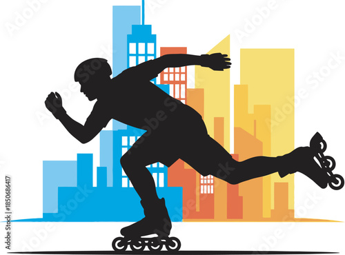Vibrant urban silhouette of a speed skater on inline blades racing past city skyscrapers. Ideal for sports apparel, metropolitan fitness, and active lifestyle marketing graphics.