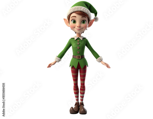 Cheerful Animated Elf Character in Green Holiday Costume with Striped Socks and Happy Expression