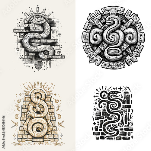 Abstract snake illustration set with geometric and symbolic styles forming mystical compositions ideal for tattoo art posters myth inspired graphics and creative visual storytelling