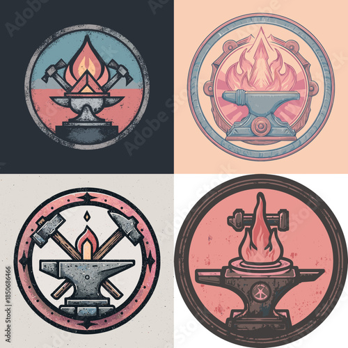 Decorative anvil and flame emblem illustration in vintage badge style perfect for blacksmith logos craftsmanship branding workshop symbols and traditional metalwork designs