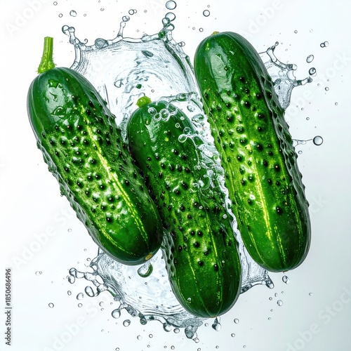 Wallpaper Mural Fresh cucumbers in water splash, vibrant green, speckled skin Torontodigital.ca