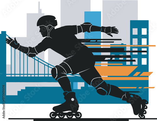 Dynamic vector graphics featuring urban inline skaters racing past city skylines and bridges. Ideal for sports apparel, fitness blogs, and active lifestyle branding in metropolitan settings.