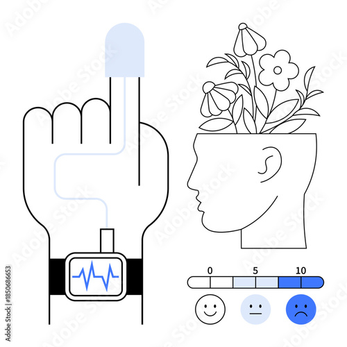Hand with wearable device tracking pulse, head with flowers symbolizing positive mental state mood scale assesses emotions. Ideal for healthcare, mental health, wellness, technology, mindfulness