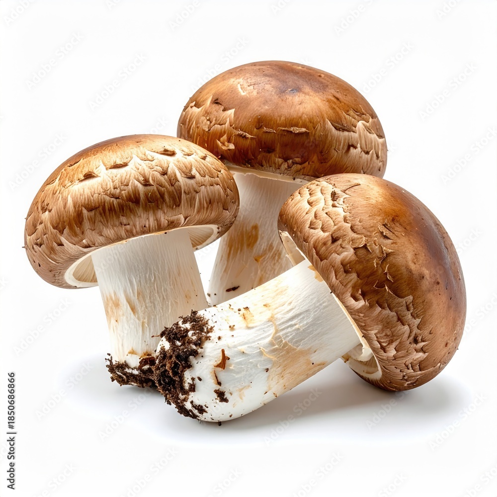 custom made wallpaper toronto digitalThree brown mushrooms clustered together, against a white background. Close-up view. Cap texture visible. Healthy, fresh, organic