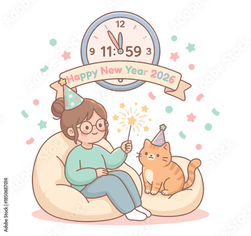 A cute kawaii sticker of a girl and her cat celebrating New Year 2026 with sparklers and a countdown clock