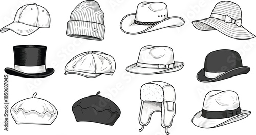 A collection of 12 different types of hats