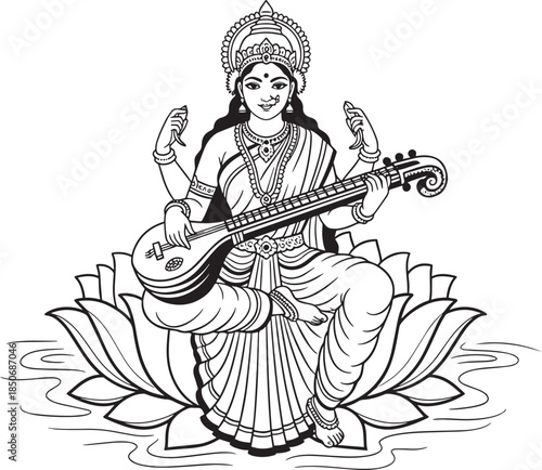 Hindu goddess saraswati playing sitar on a lotus flower