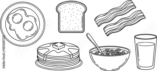 Breakfast still life with plate toast bacon pancakes cereal and glass of juice