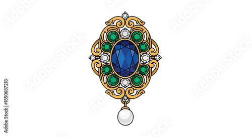 Elegant Gold Floral Pendant with Blue and Green Gemstones and Ornate Decorative Loop