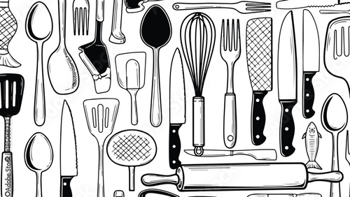 Collection of kitchen utensils and cooking tools