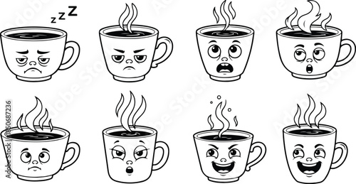 Cartoon coffee cups with various emotive faces and steam expressions
