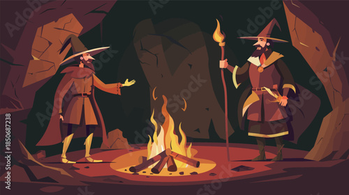 Ancient magician with a staff standing next to a knight by a campfire fantasy illustration