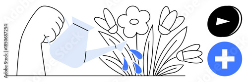 Growth, sustainability, health, wellbeing, gardening, nurturing. Hand pouring water onto flowers with a watering can. Growth and sustainability concept with health and development icons