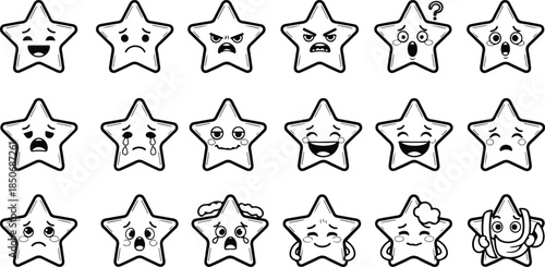 A collection of 20 star shaped emoticon faces with various expressions