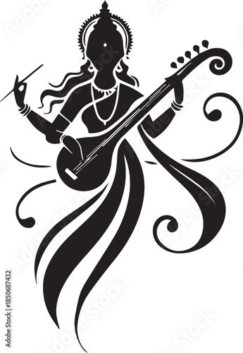 Black silhouette of a hindu goddess playing a musical instrument