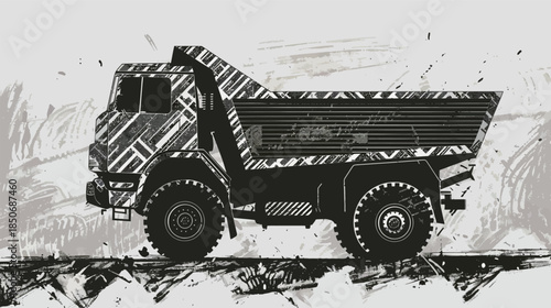 Artistic dump truck silhouette with decorative patterns, creative construction vehicle illustration, industrial transportation concept
