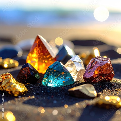 Wallpaper Mural Colorful crystals and gold nuggets on a sandy beach Torontodigital.ca