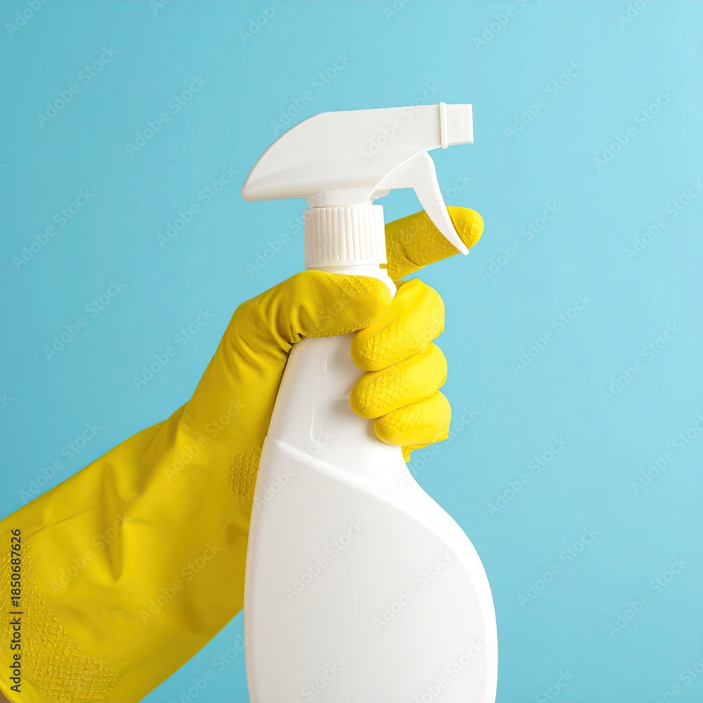 custom made wallpaper toronto digitalHand in yellow cleaning gloves holds a white spray bottle against a light blue background