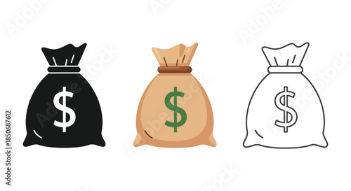Set of three money bag icons with dollar sign in solid black, color, and outline styles